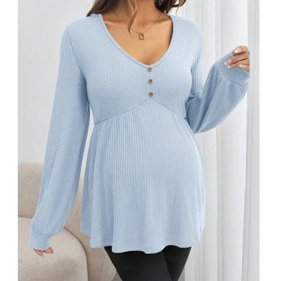 Maternity Solid V neck Button Detail Long Sleeve Top
